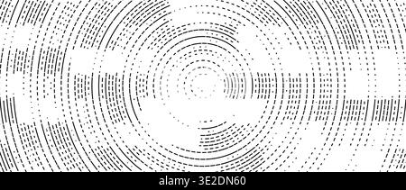 Abstract radial pixelated halftone pattern. Circular pixel explosion background. Rotating scattered dot dashed texture overlay bg. Vector radial spinning backdrop. Fading round fragment wallpaper Stock Vector