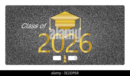 Class of 2026 graduation graphic with golden cap on black glitter background illustration Stock Vector