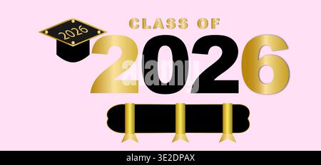 Class of 2026 graduation graphic with gold lettering and black mortarboard illustration Stock Vector