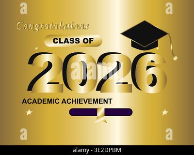 Class of 2026 graduation celebration banner with golden numbers and academic icons illustration Stock Vector