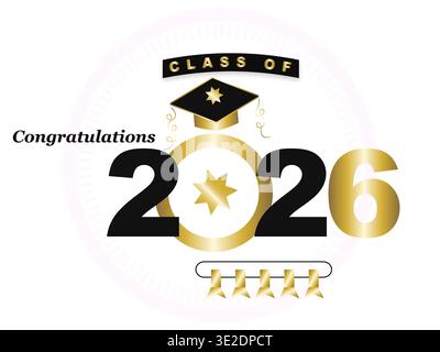 Class of 2026 graduation celebration graphic with gold mortarboard and congratulatory text Stock Vector