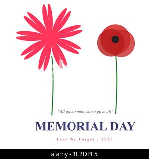 Memorial Day illustration featuring red poppy flowers and commemorative text on white background Stock Vector