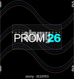 Futuristic night prom event poster graphic with colorful wavy lines on black background Stock Vector
