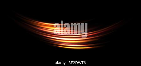 Red yellow light trail element. Glowing neon speed line wave. Hot fire color luminous curved path concept. Abstract bent dynamic motion stripes. Shiny golden streaks for poster, banner, flyer. Vector Stock Vector