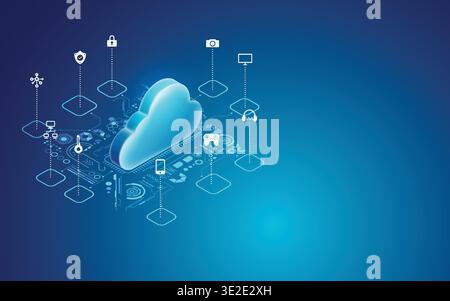 concept of cloud computing, graphic of futuristic cloud with digital technology icons Stock Vector