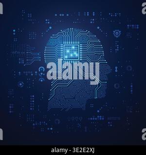 concept of artificial intelligence or AI technology, shape of human head combined with electronic board pattern with microchip as a brain Stock Vector