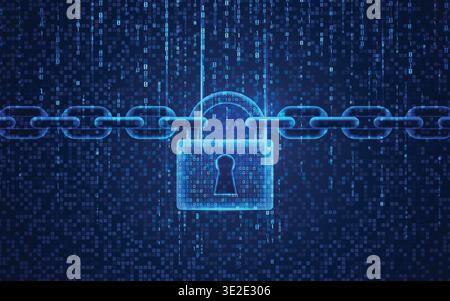 concept of cyber security, graphic of padlock with chain on digital binary code background Stock Vector