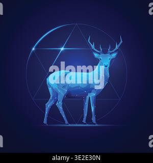 low poly deer in futuristic style with circle and star symbol background Stock Vector
