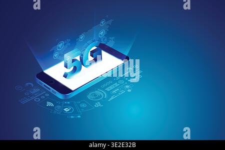 concept of communication technology advancement, 5G symbol with telecommunication element Stock Vector