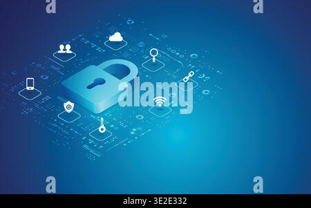 concept of cyber security, digital padlock with technology icons Stock Vector