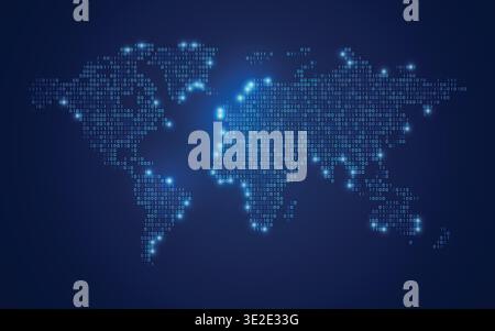 concept of digital technology or data transformation, shape of world map combined with binary code Stock Vector