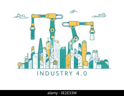 concept of industrial technology, robotic arms with smart city Stock Vector