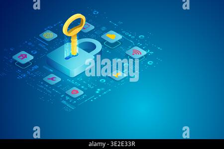 concept of private key or cyber security, futuristic key with cyber security icons Stock Vector