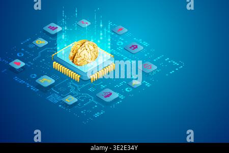concept of internet of things or iot, microchip and artificial intelligence brain with digital technology interface in isometric Stock Vector