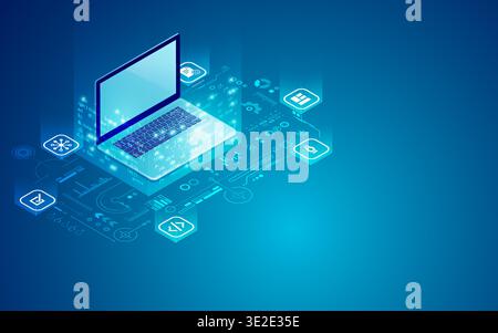 concept of web programming development, laptop with UI UX interface element in isometric Stock Vector