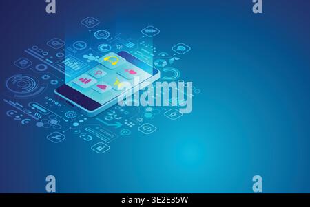 concept of mobile application development, smrat phone with UI UX interface Stock Vector