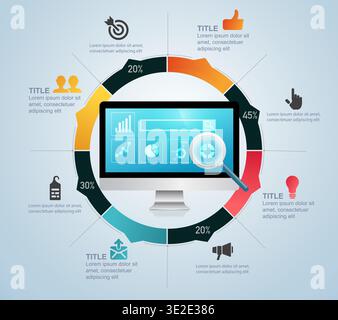 concept of search engine optimization development, realistic computer with seo icons for infographic Stock Vector