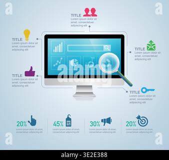 concept of search engine optimization development, realistic computer with seo icons for infographic Stock Vector