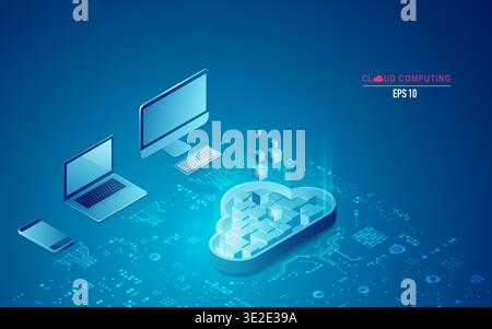 concept of cloud computing technology, cloud symbol with digital devices in isometric Stock Vector