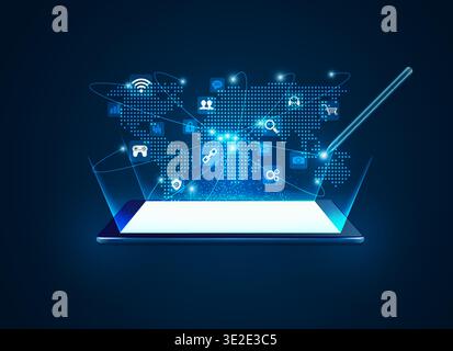 concept of tablet communication technology, futuristic device with digital icons Stock Vector