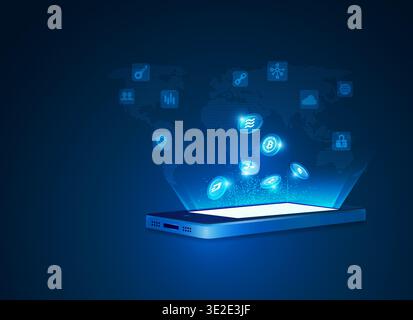 concept of cryptocurrency technology advancement, mobile phone with digital money sign in futuristic style Stock Vector