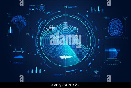 concept of mri scan technology, side view of man head with brain x-ray interface Stock Vector