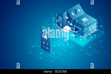concept of smart home technology, mobile and house in isometric view with digital futuristic interface Stock Vector