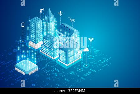 concept of smart city, microchip with buildings and electronic pattern in isometric Stock Vector