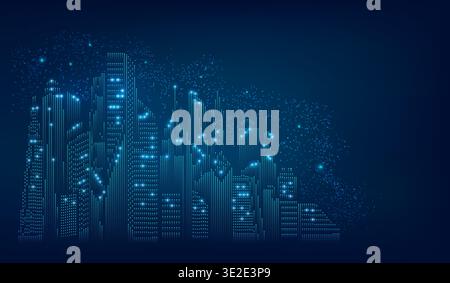 cocnept of smart or futuristic city, shape of buildings combined with line and dot in digital technology style Stock Vector