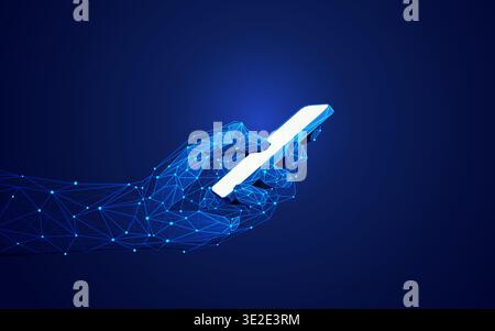 concept of mobile technology, wireframe low poly hand holding communication device Stock Vector