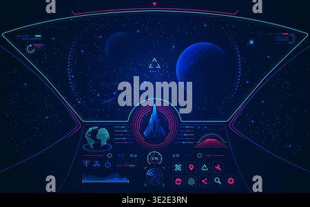 graphic of spaceship user interface with galaxy view Stock Vector