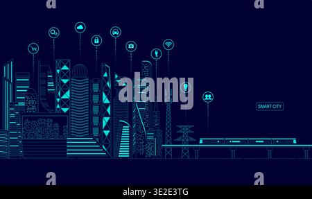 concept of smart city, graphic of buildings with digital technology icons Stock Vector