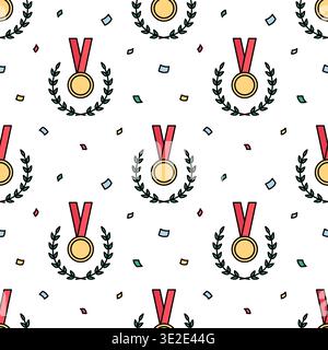 Gold medal on red ribbon, sport gold medal, laurel wreath in doodle style seamless pattern for award ceremony design. Vector Stock Vector