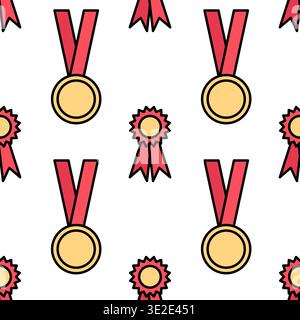 Gold medal on red ribbon, sport gold medal in doodle style seamless pattern for award ceremony design. Victory concept texture. Vector Stock Vector