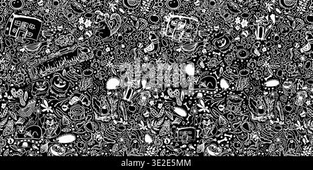 Seamless pattern of cute line animals. hand drawing. Not AI, Vector illustration Stock Vector