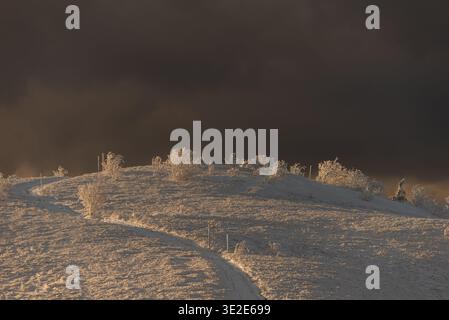 Dramatic winter mountain landscape in Bieszczady with dark storm clouds gathering over snow-covered peaks during twilight. Bieszczady National Park, P Stock Photo