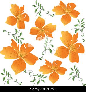 Hand-Drawn Amancay Floral Pattern with Green Leaves - Vector Illustration of Patagonian Wildflowers. Stock Vector