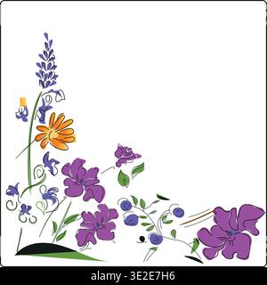 Bohemian hand-drawn wildflower corner border, manual vector illustration with orange, purple and blue flowers, botanical decorative frame design Stock Vector