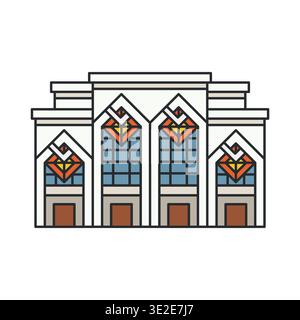 Historic theater building with stained glass windows isolated on white background. Cultural landmark architecture. Vector illustration. Stock Vector