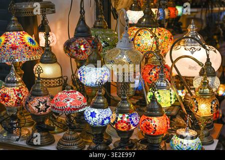 Multi-colored lamps are for sale on the counter of the Turkish market Stock Photo