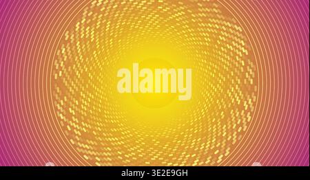 Bright yellow purple circular and spiral dotted lines abstract tech geometric background. Vector futuristic minimal design Stock Vector