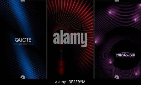 Set of vertical banners with minimal laser lines, abstract glowing futuristic tech background. Vector digital art rays flyer design Stock Vector