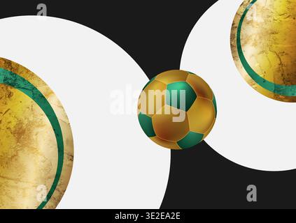 Grunge abstract football background in gold and green with circles and soccer ball. Vector 2026 design Stock Vector