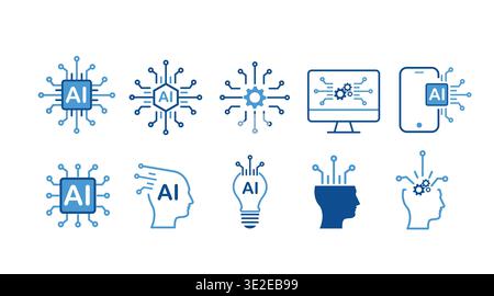 Set of blue duotone artificial intelligence icons featuring modern technology concepts Stock Vector