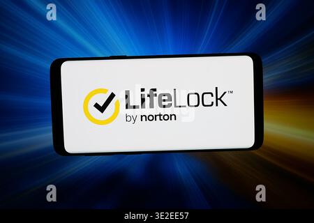 Stuttgart, Germany - 03-16-2026: In this photo illustration, the logo of US software company LifeLock Inc. (Norton) is displayed on a smartphone Stock Photo