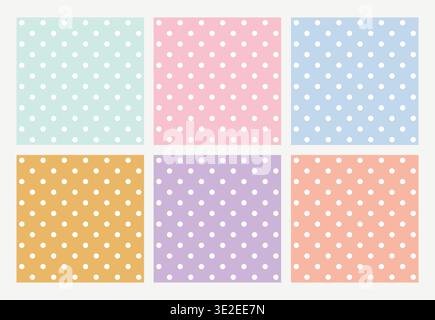 Pastel dots grace soft, uniform backgrounds. Each square holds a gentle, repeating pattern. Colors whisper calmness-mint, rose, sky, amber, lavender, Stock Vector