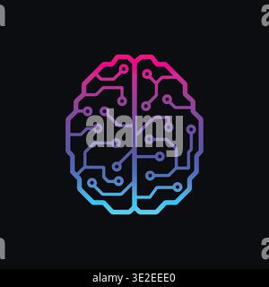 Luminous neon cyberpunk circuitry outlines a human brain. Black background contrasts with glowing neural pathways. Design suggests artificial intellig Stock Vector