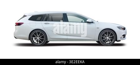 White Opel Insignia Sports Tourer Station Wagon, Side Profile View of Modern Executive Estate Car Isolated on White Background Stock Photo
