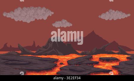 Pixel art lava rocky landscape background Stock Vector