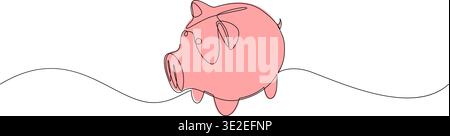 Continuous one line drawing of pink piggy bank. Minimal style simple vector illustration of financial, savings concept. Stock Vector